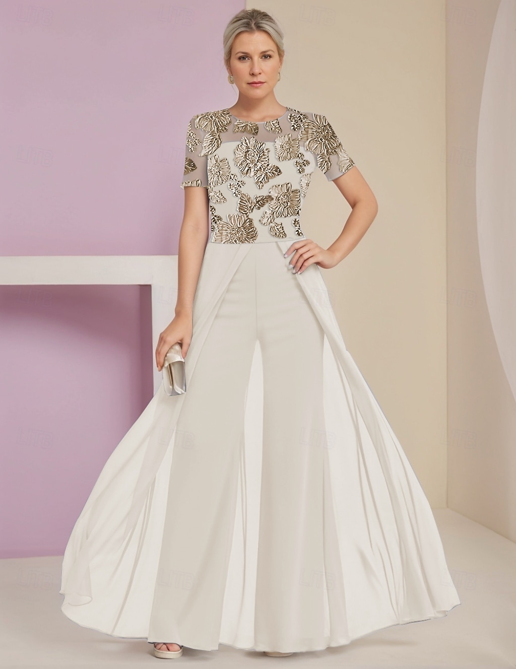 Blue Jumpsuit / Pantsuit Satin Floral Lace Mother of the Bride Pantsuit Elegant Simple Minimalist Crew Neck Floor Length Chiffon Lace Short Sleeve 2025 - $148.99 –P4