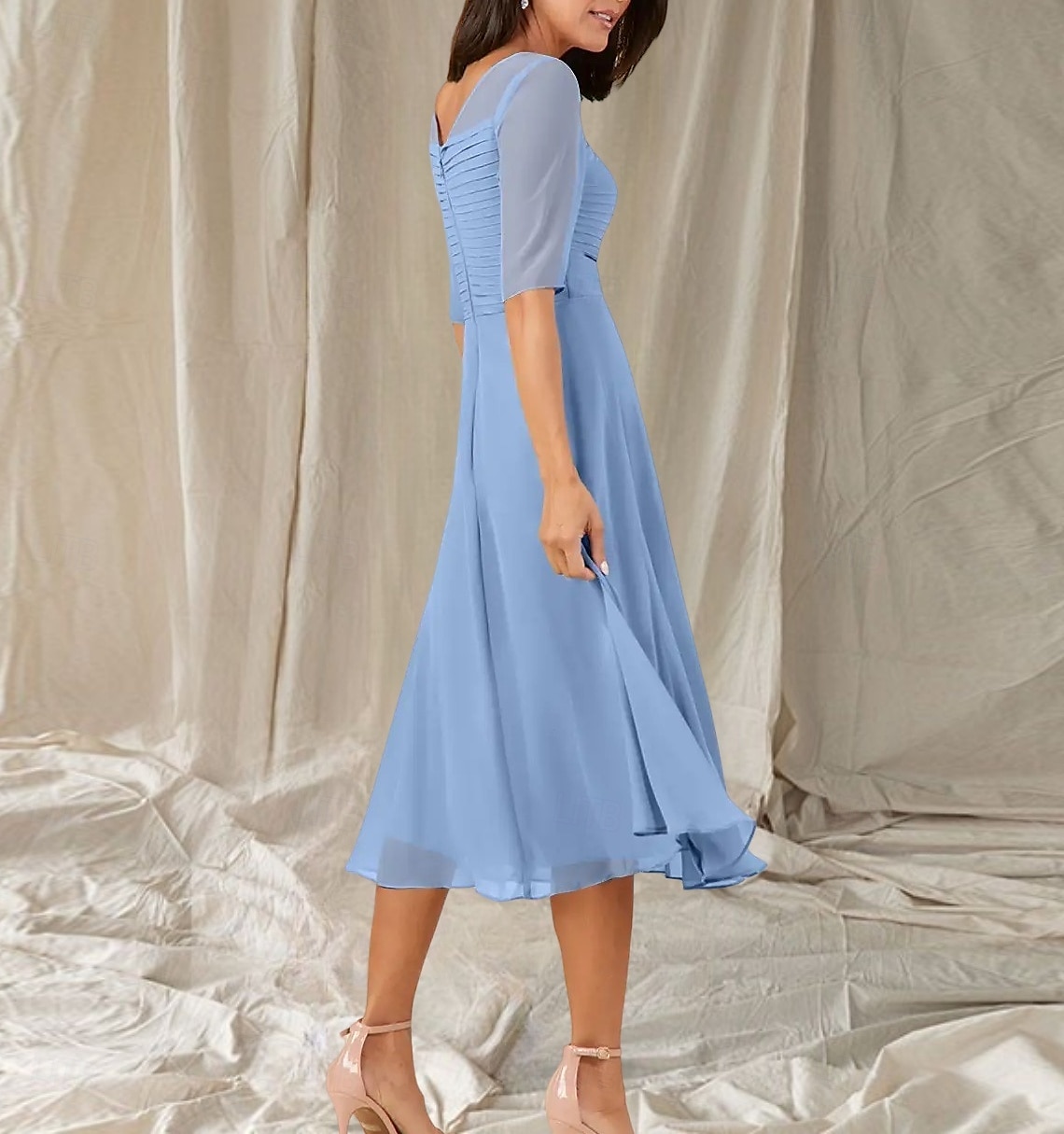 Robe Mère de la Mariée A-Line Invité de Mariage Élégante Col Ras du Cou Longueur Thé Chiffon Manches Mi-longues avec Sash  Ruban Robe Midi Froncée de 2025 ? $169.99 –P3