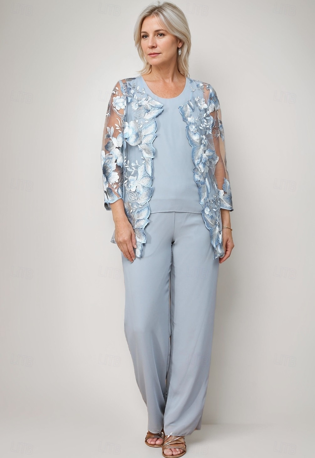 Completo pantaloni 3 Pezzi Madre della Sposa Abito Elegante Collo Sereno Lunghezza Piena Chiffon Maniche Lunghe Avvolgente Inclusa con Ricamo in Pizzo del 2025 a $158.99 –P1