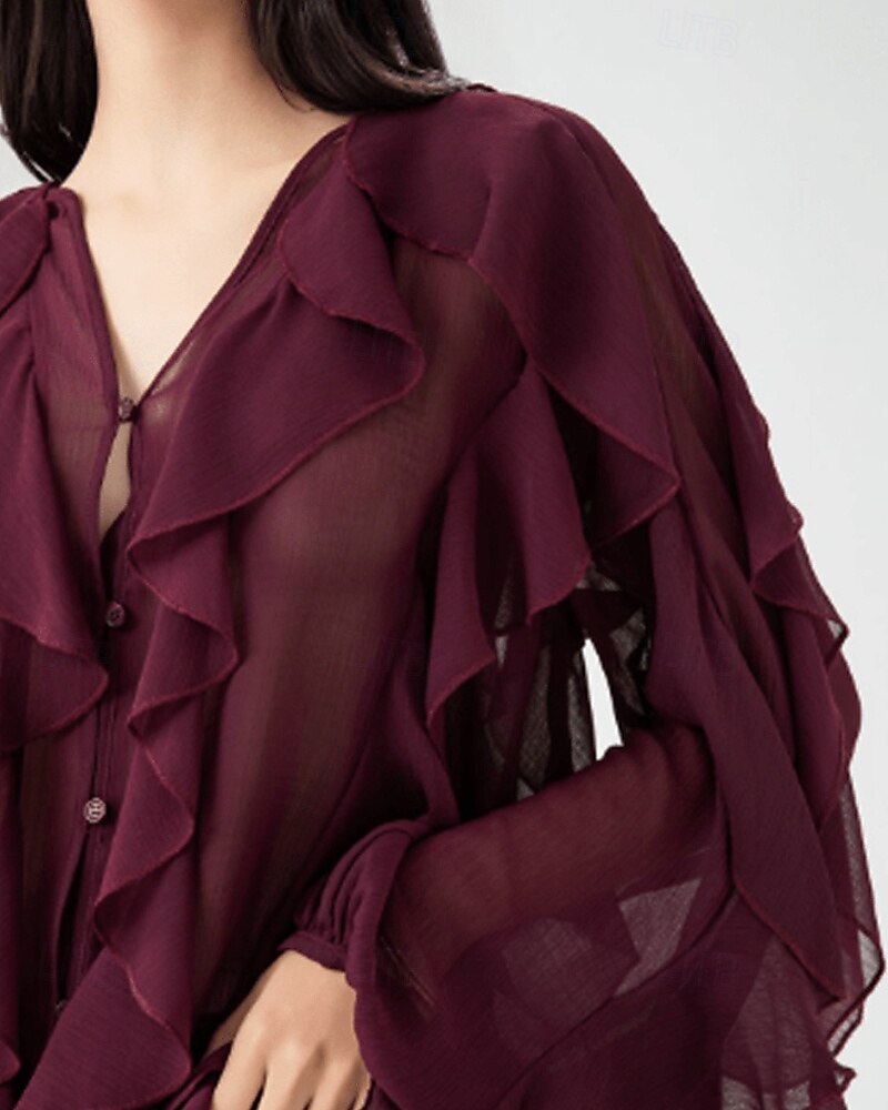 Femmes Chemise Chemisier Uni Élégant Moderne manche longue Col en V Hauts Réguliers Fête Sortir Superposé Vin Été de 2025 ? $34.99 –P10