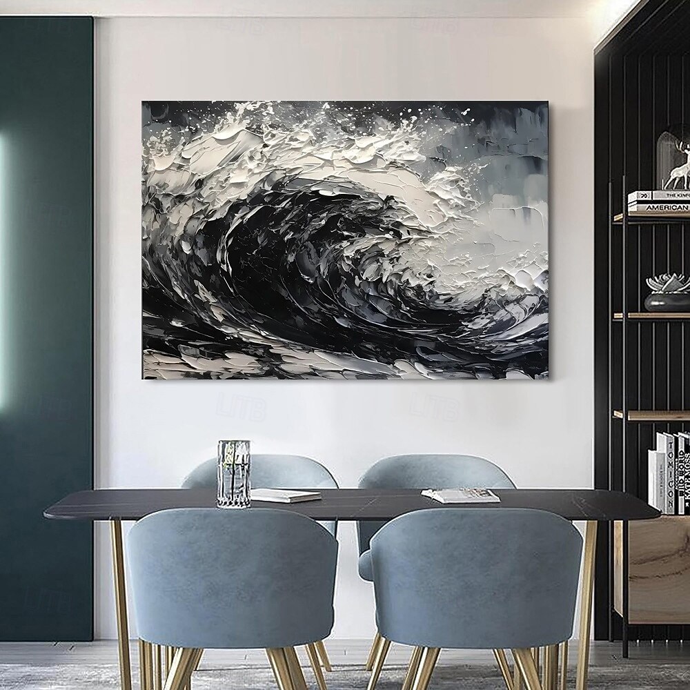 Peinture à l'huile faite à la main sur toile, décoration murale, couteau à palette 3D, paysage abstrait de vagues océaniques en noir et blanc pour la décoration intérieure, cadre tendu, peinture de 2025 ? $54.99 –P2