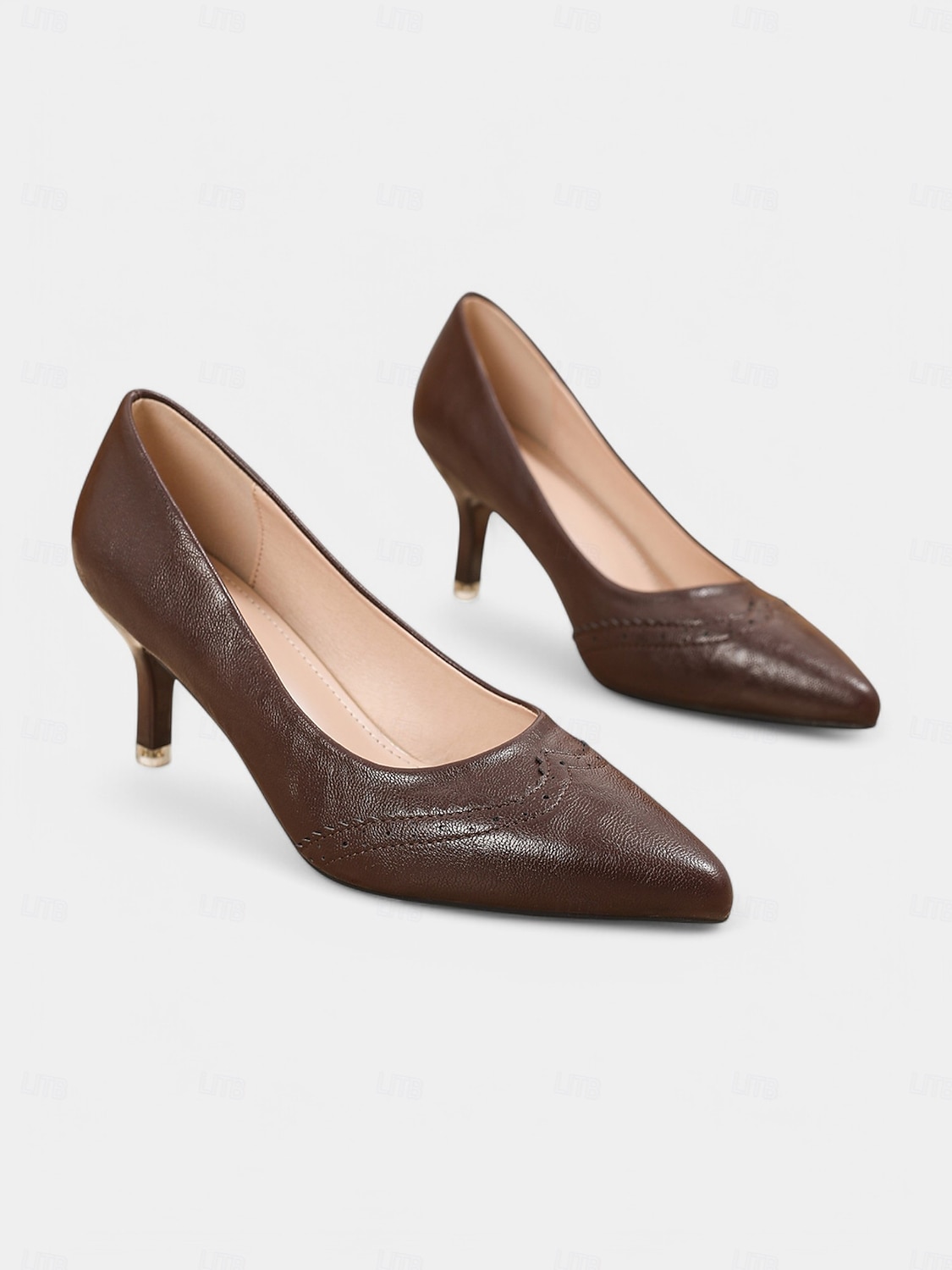 burgunder i kunstskinn med spisse hæler for kvinner, brogue-design, kattehæler, elegant stil fra 1950-tallet, ideell for kontorklær og kveldsarrangementer 2025 - $42.99 –P3