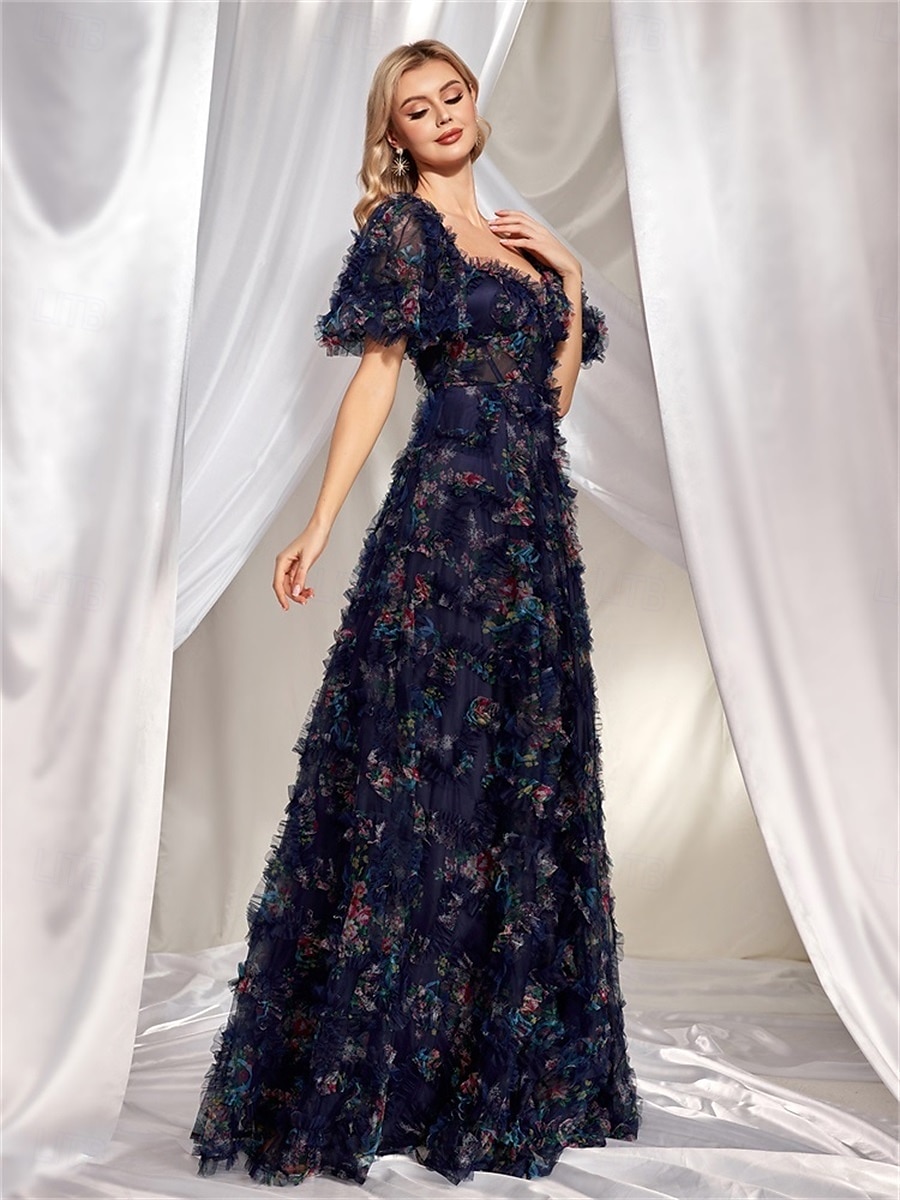 Rochii Invitată la Nuntă Rochie A-Line Corset Gât Îndulcit Mâneci Scurte cu Mâneci Burbă Lungime Podea Tulle cu Micro Volane 2025 - $189.99 –P5