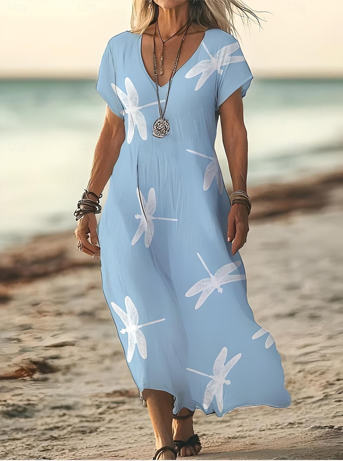 Femmes Robe Midi Robe d'Été Robe trapèze Vacances Occasionnel Boho Sortir Plage Coupe Standard Fleuri Graphique Manche Courte Col en V Bleu Ciel Bleu de minuit Bleu paon Été Printemps de 2025 ? $28.99 –P2