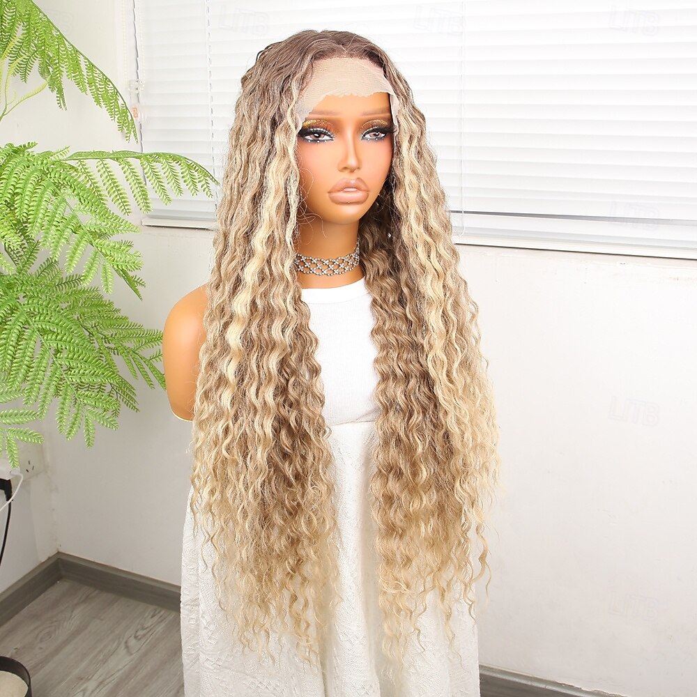 Synthetic Lace Wig Deep Curly Style 32 inch Multi-color Middle Part 13x4x1 T Part Lace Front Wig Women's Wig Light golden 2025 - $74.99 –P5