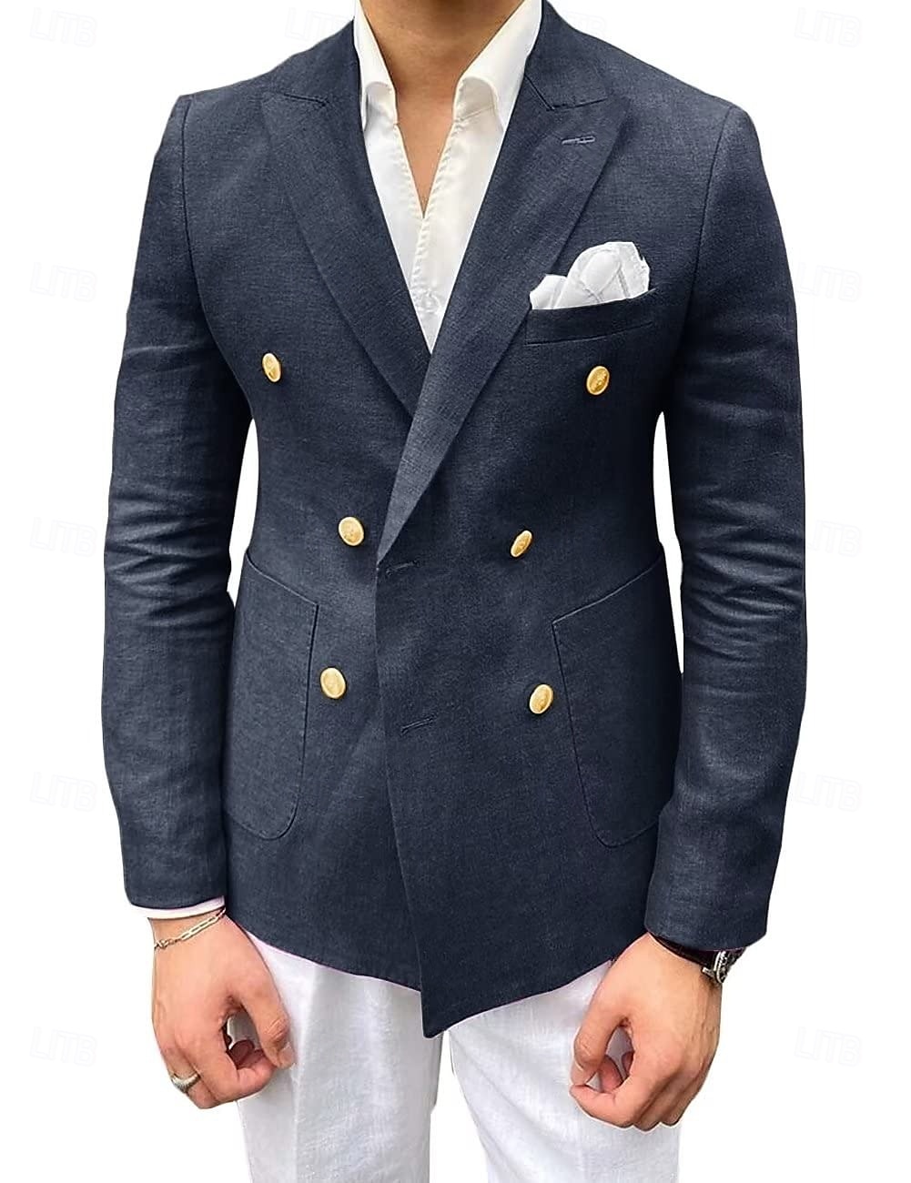 Blazer Masculino de Linho Casuais Moda Verão com Cor Sólida Preto Rosa Caqui Ajuste Sob Medida com Botões Duplos de 2025 por $79.99 –P3