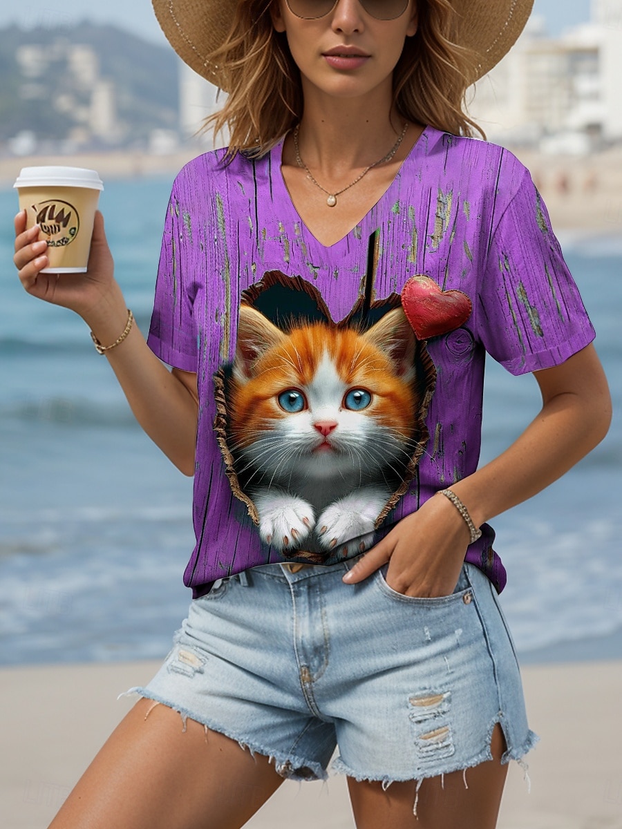 Per donna Maglietta Grafico Animale Gatto Vintage Elegante Casual Manica Corta Scollo a V Top Regolari Quotidiano Stampato Blu Viola Verde Estate Primavera del 2025 a $19.99 –P5