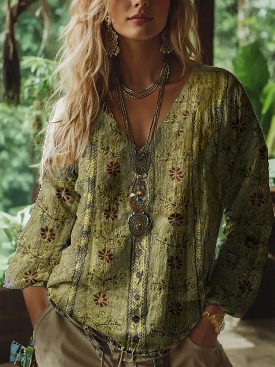 Dame Bluse Blomstret Grafisk Paisly Bohem Årgang Tropisk 3/4 ermer V-hals Vanlige topper Rynket Trykt mønster Lilla Grønn Sommer Vår 2025 - $24.99 –P2