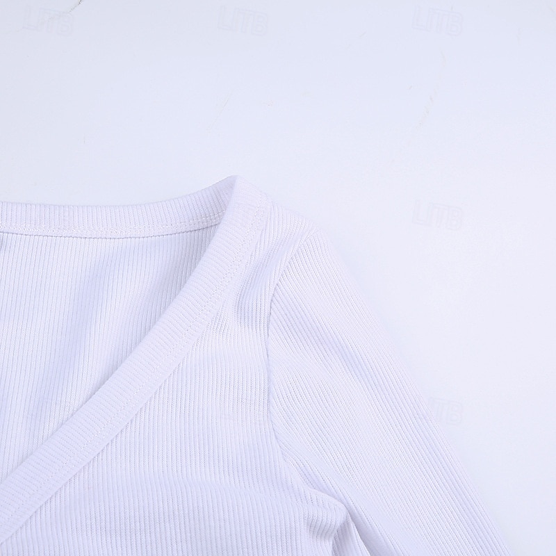 Damen Bluse Einfach Modern Langarm V Ausschnitt Crop Tops Täglich Ferien Ausgehen Knöpfe Schwarz Weiß Grau Sommer 2025 - $15.99 –P4