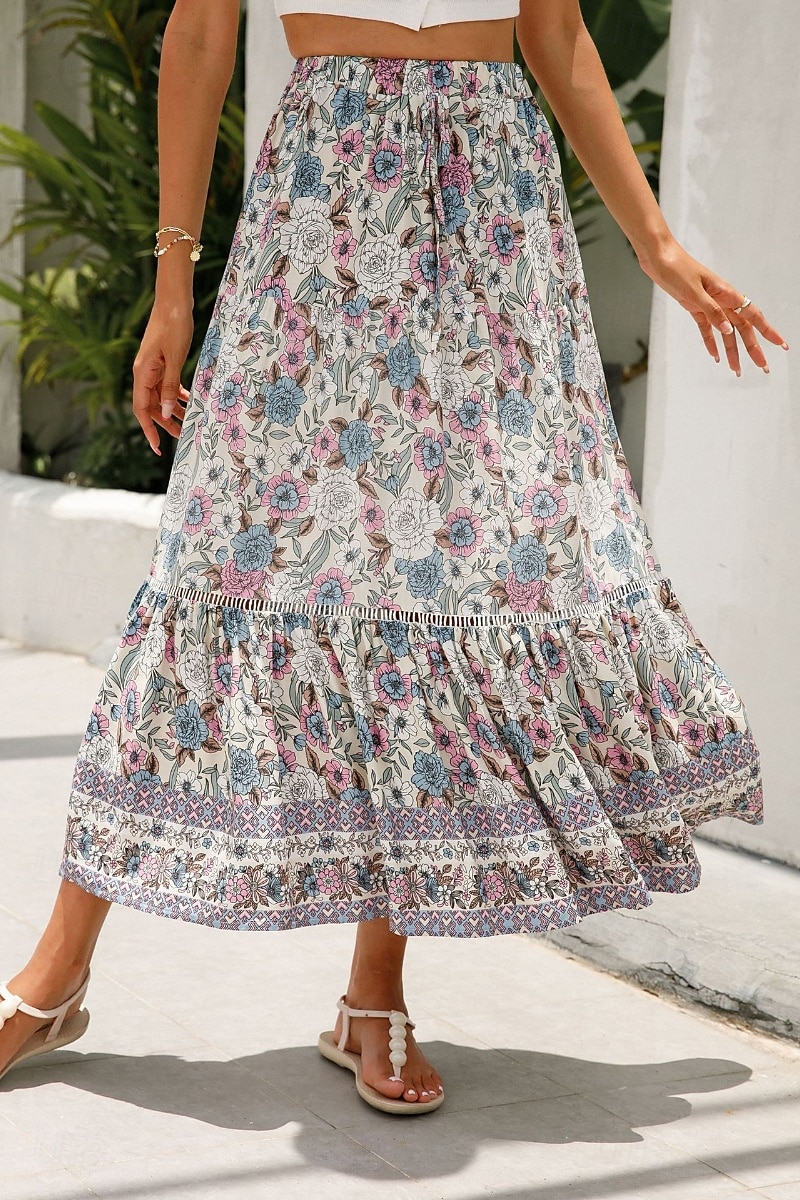 Pentru femei Fustă Boemia Casual Boho Maxi Talie Medie Fuste Floral Imprimeu Micro-elastic Vacanță Stradă Migdală Roșu-aprins Albastru piscină Portocaliu Vară Celofibră 2025 - $21.99 –P1