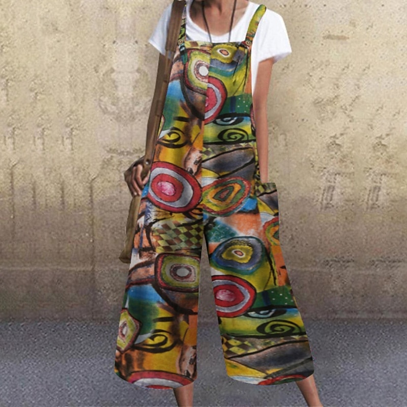 Dámské overaly inspirované lnem, laclové kalhoty, streetwear, květinový střih, bez rukávů, výstřih do U, kapsy, potisk, street, denní, regular střih, žlutá, světle zelená, červená, léto 2025 - $27.99 –P7