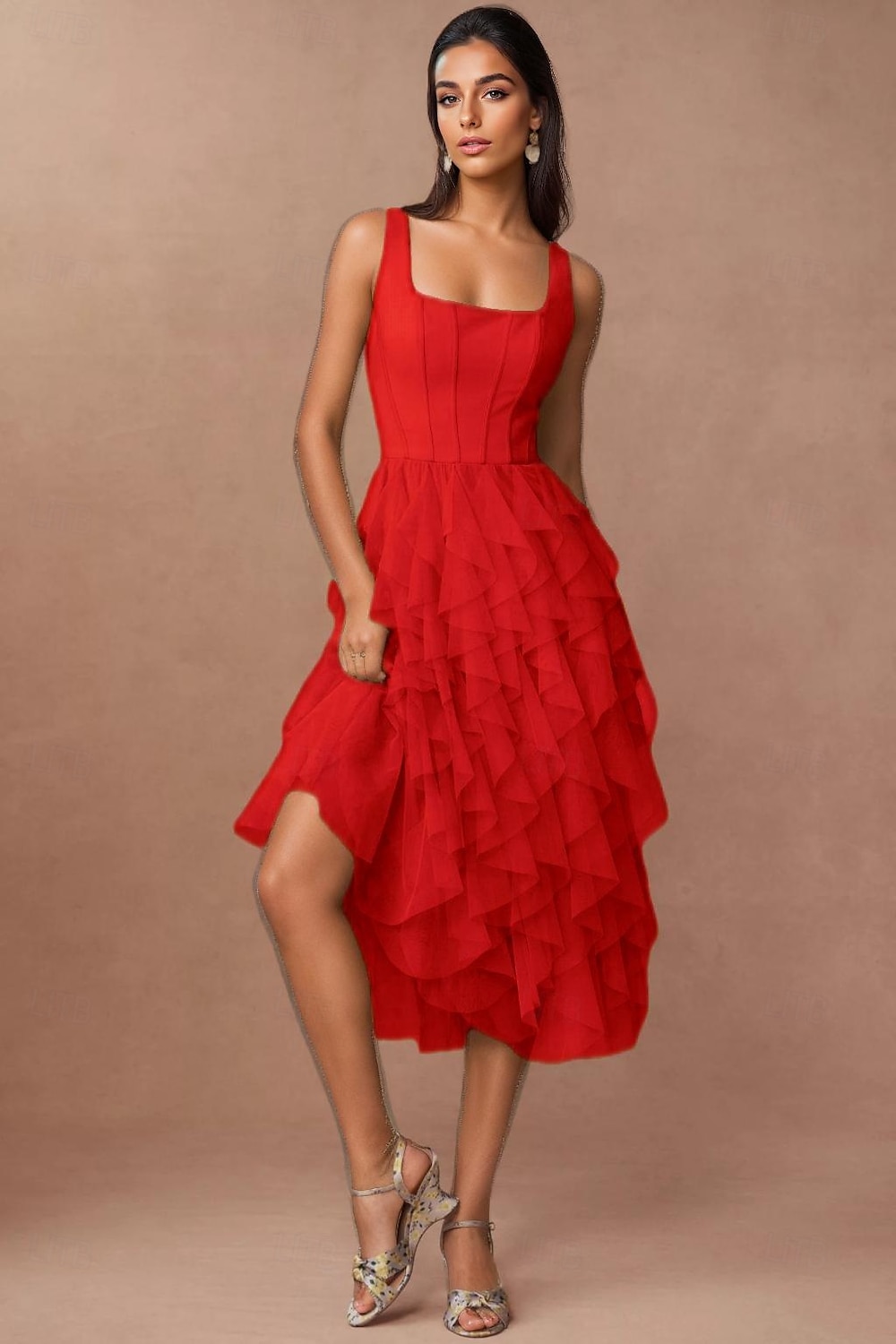 Robe Cocktail Verte A-Line Robe Corset Semi-Formelle Mariage Midi Sans Manches Col Carré Chiffon avec Volants de 2025 ? $148.99 –P4