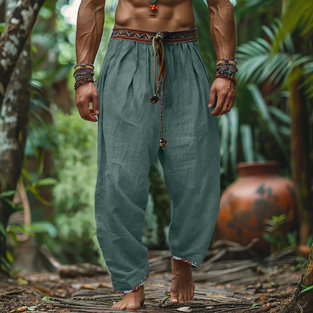 Men's Linen Pants Trousers Summer Pants Beach Pants Patchwork Drawstring Straight Leg Plain Comfort Breathable Full Length Outdoor Casual Daily Retro Vintage Bohemian Green 2025 - $23.99 –P1