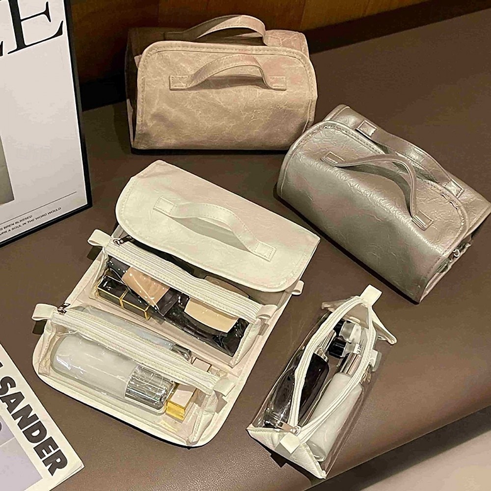 Bolsa de viaje de cuero para cosméticos, gran capacidad, portátil, para mujer, estuche de maquillaje, impermeable, organizador de maquillaje, bolsa de almacenamiento plegable 4 en 1, bolsa de aseo de 2025 - $15.49 –P12