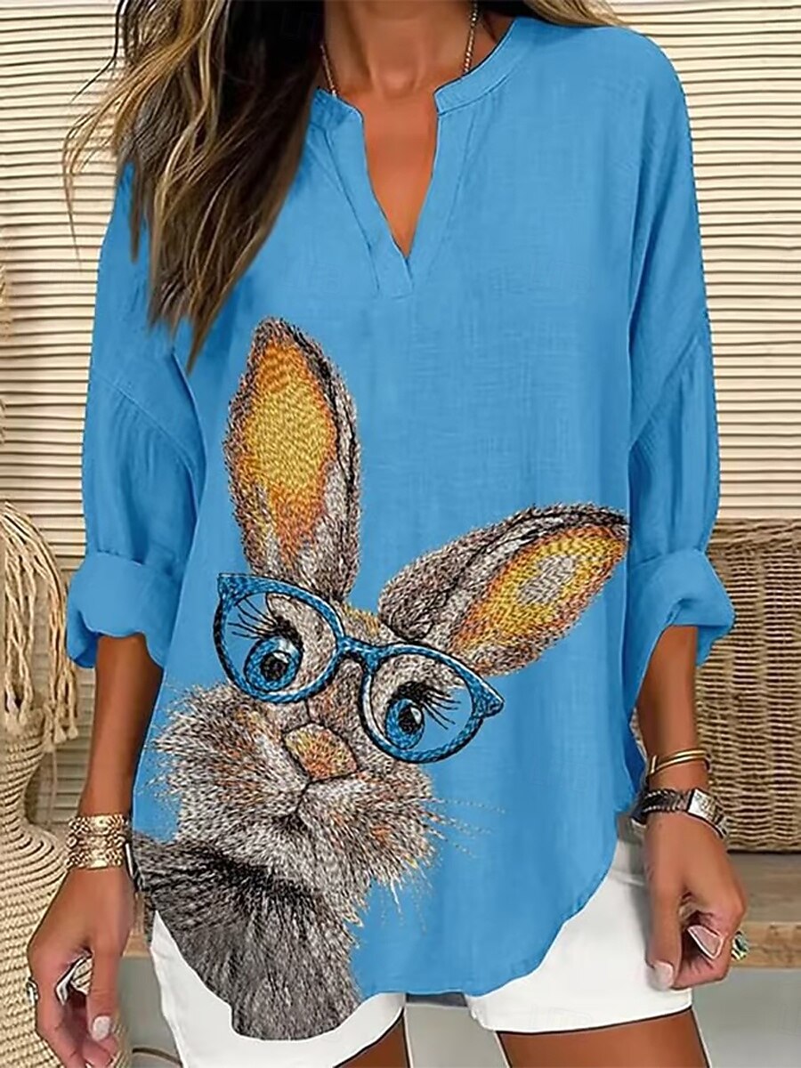 Bluzka damska z lnu przewiewna lekka tunika dekolt w serek długi rękaw boho casual graficzny zwierzęcy vintage tropikalna codzienne regularne topy codzienne noszenie nadruk czarna biała niebieska 2026 - $32.99 –P4