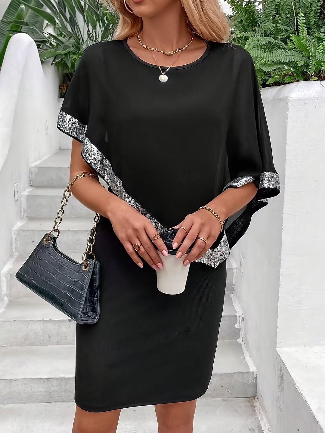 Robe Mère de la Mariée Sirène  Trompette Élégante Vintage Simple Col Rond Longueur Thé Chiffon Manches Courtes avec Sequins Robe Midi 2025 de 2025 ? $132.99 –P4