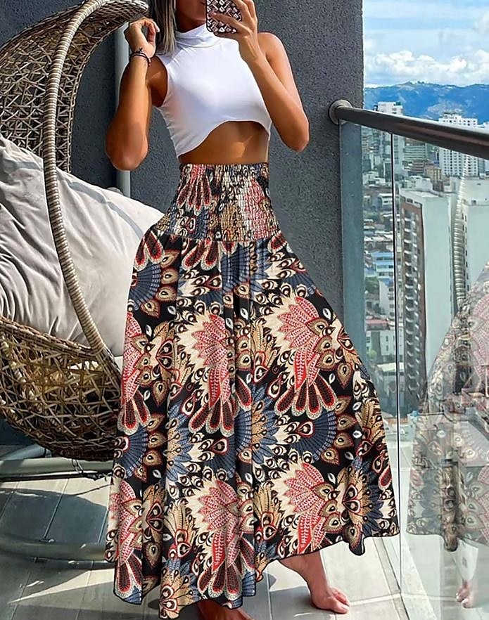 Dames Rok Maxi Rok Bohemia Mode Strandkleding Casual Midi Hoge Taille Rokken Bloemen Paisley Micro-elastisch Vakantie Straat Grijs Groen Zwart Geel Lichtgroen Zomer Polyester 2025 - $19.99 –P4