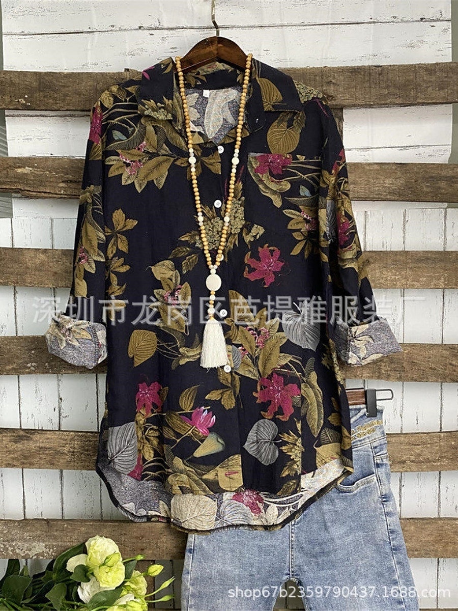 Per donna Camicia Floreale Elegante Moderno Casual Manica Lunga Collo a V Top Regolari Quotidiano Stampato Blu marino Viola Cachi Estate del 2025 a $22.99 –P11