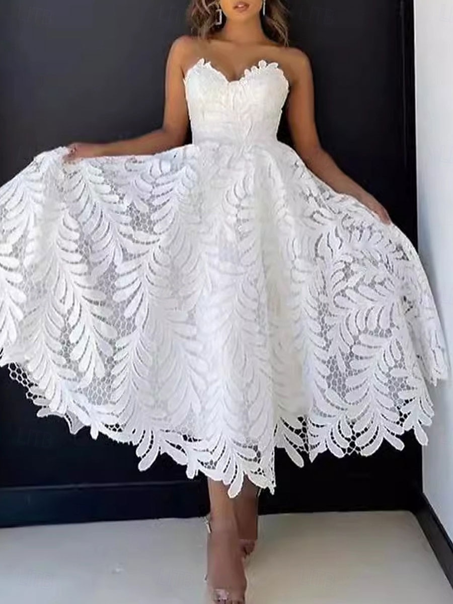 A-Line koktejl šaty Elegantní šaty pro svatební sprchu Bílé svatební šaty pro hosty Midi délka bez rukávů Sweetheart výstřih květinová krajka aplikace 2025 - $149.99 –P1