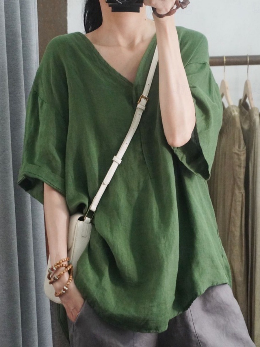 Women's Shirt Solid Color Basic Casual 3/4 Length Sleeve V Neck Regular Tops Daily Black White Pink Green Beige Summer 2025 - $16.99 –P1