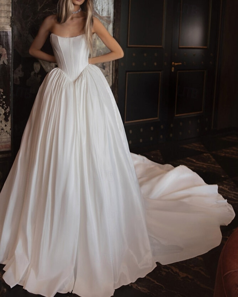 Hall Vintage Royal Style Bustier Drop Waist Wedding Dresses Ball Gown Sleeveless Chapel Train Taffeta Bridal Gowns With Solid Color 2025 - $180.99 –P3