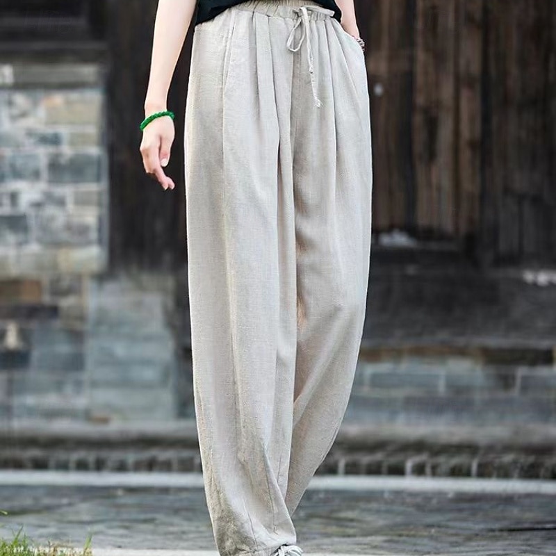 Femmes Pantalon en coton et lin Slacks Streetwear Occasionnel Longueur complète Naturel Uni Avec Poches Conception à cordon élastique Confortable Vacances Rue Abricot Noir Marine foncé Café Été Coupe de 2025 ? $22.99 –P3
