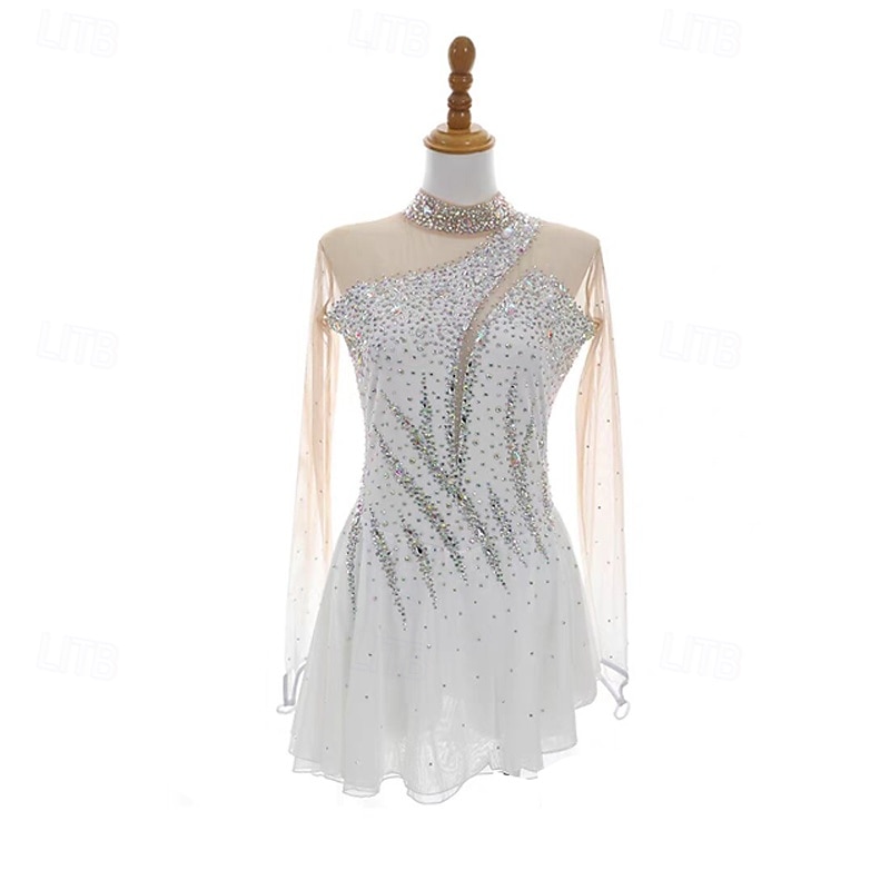 Figure Skating Dress Women's Girls' Ice Skating Dress White Patchwork Thumbhole Mesh Spandex Stretchy Training Practice Professional Skating Wear Thermal Warm Crystal / Rhinestone Long Sleeve Ice 2025 - $178.99 –P1