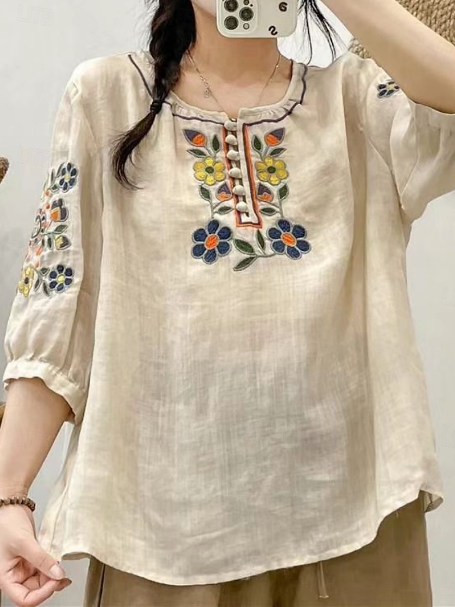 Femmes Chemise Fleuri Élégant Occasionnel Manche 3/4 Col ras du cou Hauts Réguliers Quotidien Broderie Vert Claire Rose Claire Fuchsia Abricot Bleu clair Été Printemps de 2025 ? $19.99 –P2