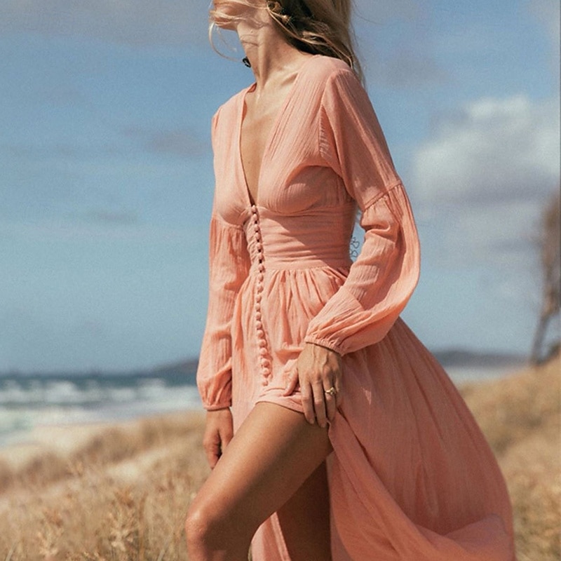 Femmes Robe Longue Maxi Robe Robes en coton et lin Robe de Bal Robe Décontractée Robe d'été ancien Mode Extérieur Fête Date Coupe régulière Uni manche longue Décolleté plongeant Rose Claire Vert Beige de 2025 ? $26.99 –P3