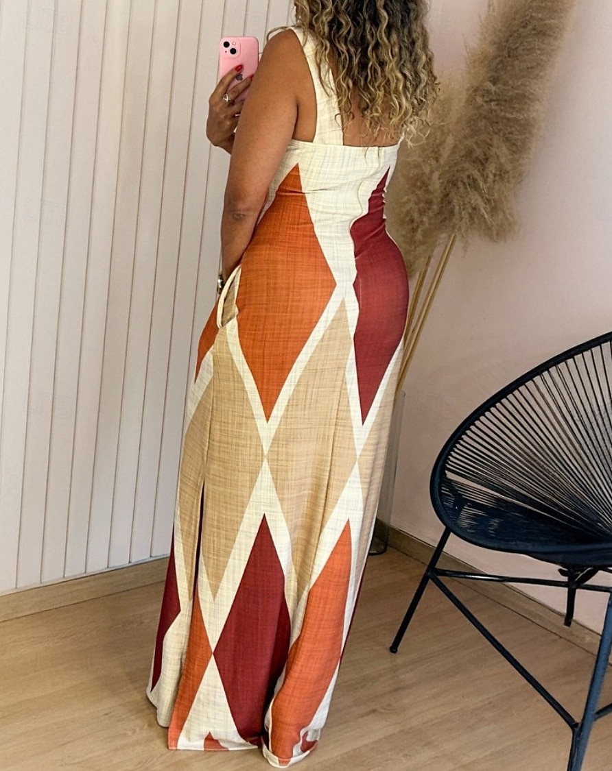 Damen Langes Kleid Maxikleid Sommerkleid Unterkleid Druckkleid Elegant Täglich Ausgehen Sommerkleid Normale Passform Geometrisch Farbblock Ärmellos Quadrathals Gelb Leicht Braun Purpur Braun Sommer 2025 - $26.99 –P4
