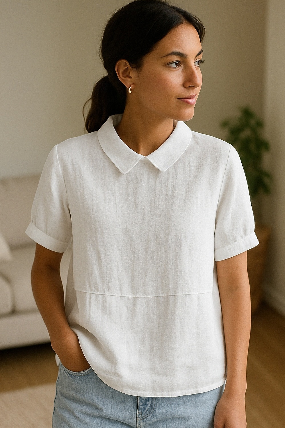 Women's 100% Cotton  Cotton Linen Shirt Plain Modern Short Sleeve Shirt Collar Regular Tops Daily Blue White Summer 2026 - $28.99 –P3