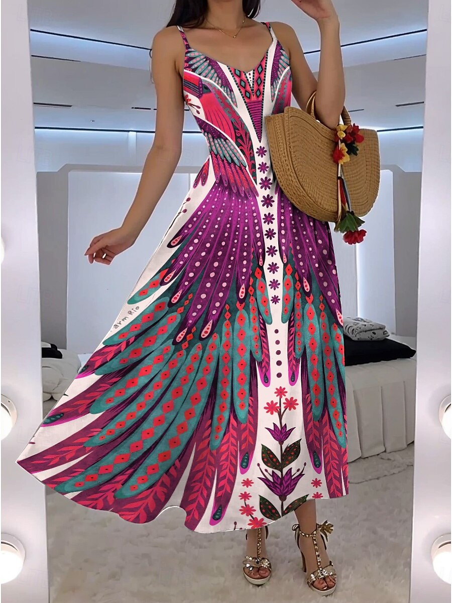 Damen Maxikleid A Linie Kleid Unterkleid Urlaub Lässig Boho Ausgehen Strand Normale Passform Blumen Grafik Feder Ärmellos V Ausschnitt Blau Orange Grün Rosa Sommer Frühling 2025 - $34.99 –P3