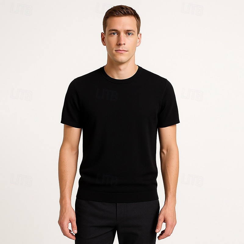 męska jedwabna bawełniana mieszanka lyocellu t-shirt krótki rękaw okrągły dekolt lato gładki żakard elegancki klasyczny okrągły dekolt minimalistyczny wakacje dom bawełna czarny niebieski granatowy top koszulka męska 2025 - $46.99 –P21