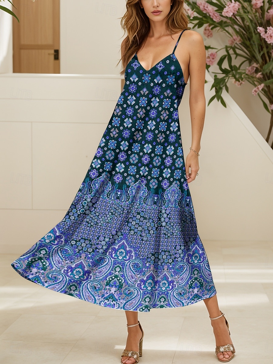 Dames Maxi-jurk A lijn jurk Slipdress Vakantie Casual Boho Strand Normale pasvorm Grafisch Wijnoogst Boho Paisley Damast Mouwloos V-hals Blozend Roze Rood blauw Paars Zomer Lente 2025 - $34.99 –P7