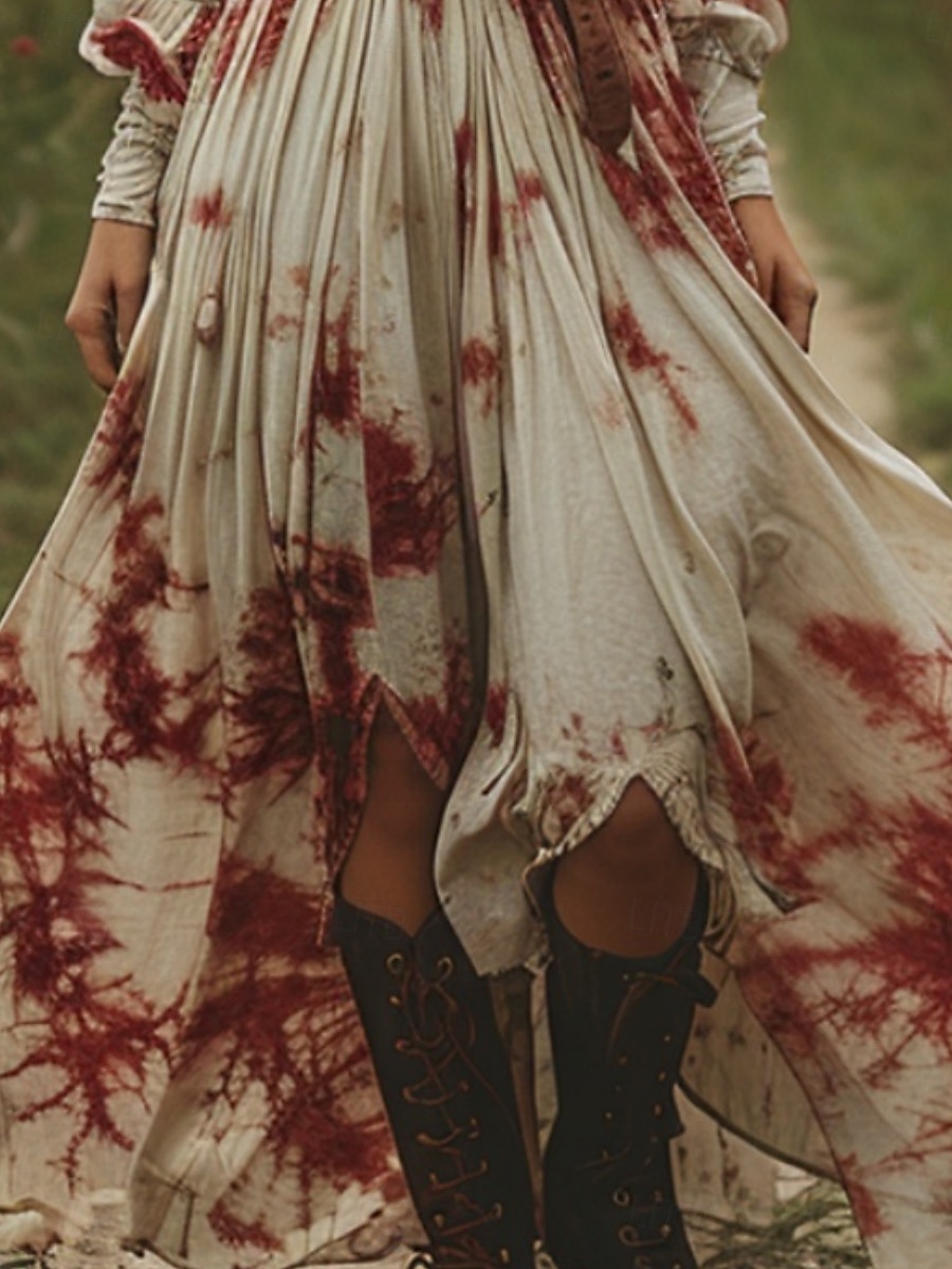 Damskie Długa sukienka sukienka maxi Codzienne sukienki Sukienka rozkloszowana Letnie sukienki Sukienka Boho Zabytkowe Urlop Codzienny Święto Regularny Wzór tie-dye Długi rękaw W serek Wino Lato 2025 - $28.99 –P3