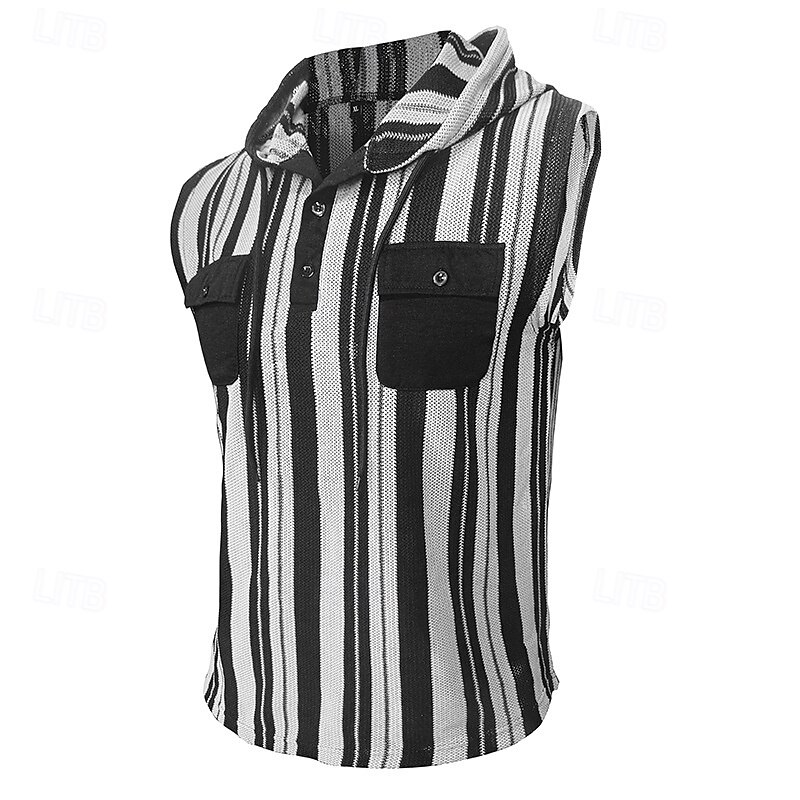 Herr Linne Undertröjor Ärmlös tröja Ärmlös Huva Sommar Randig Mode Designer Grundläggande Ficka Semester Gata Utekväll Svart Blå Mörkblå Topp t-shirt för män 2025 - $30.99 –P8