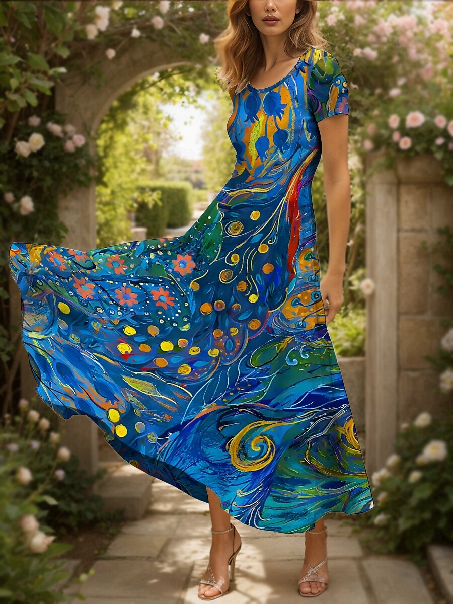 Pentru femei Rochie Maxi Rochie casual Rochie A line Rochie de vară Vacanță Epocă Έθνικ Fit regulat Floral Grafic Geometric Manșon scurt Pătrat Scoateți gâtul Albastru piscină Vară Primăvară 2025 - $31.99 –P4