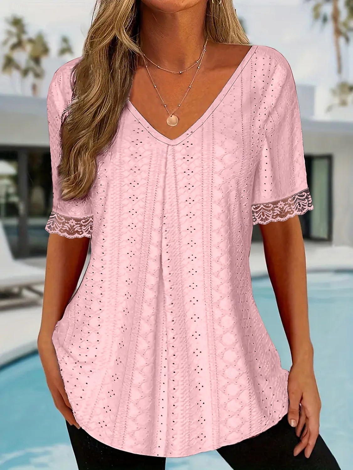 Women's T Shirt Lace Embroidered Plain Elegant Fashion Modern Short Sleeve V Neck Regular Tops Daily Weekend Blue Pink Purple Summer Spring 2026 - $21.99 –P1