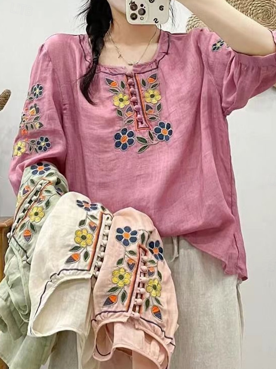 Femmes Chemise Fleuri Élégant Occasionnel Manche 3/4 Col ras du cou Hauts Réguliers Quotidien Broderie Vert Claire Rose Claire Fuchsia Abricot Bleu clair Été Printemps de 2025 ? $19.99 –P6