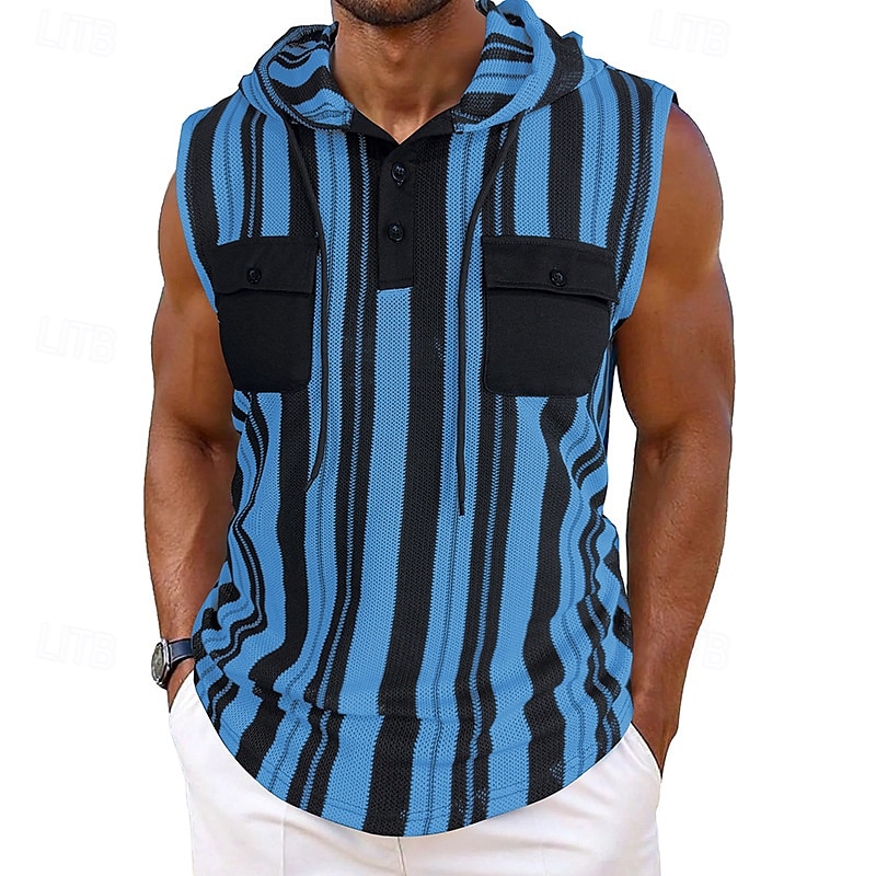 Herr Linne Undertröjor Ärmlös tröja Ärmlös Huva Sommar Randig Mode Designer Grundläggande Ficka Semester Gata Utekväll Svart Blå Mörkblå Topp t-shirt för män 2025 - $30.99 –P1
