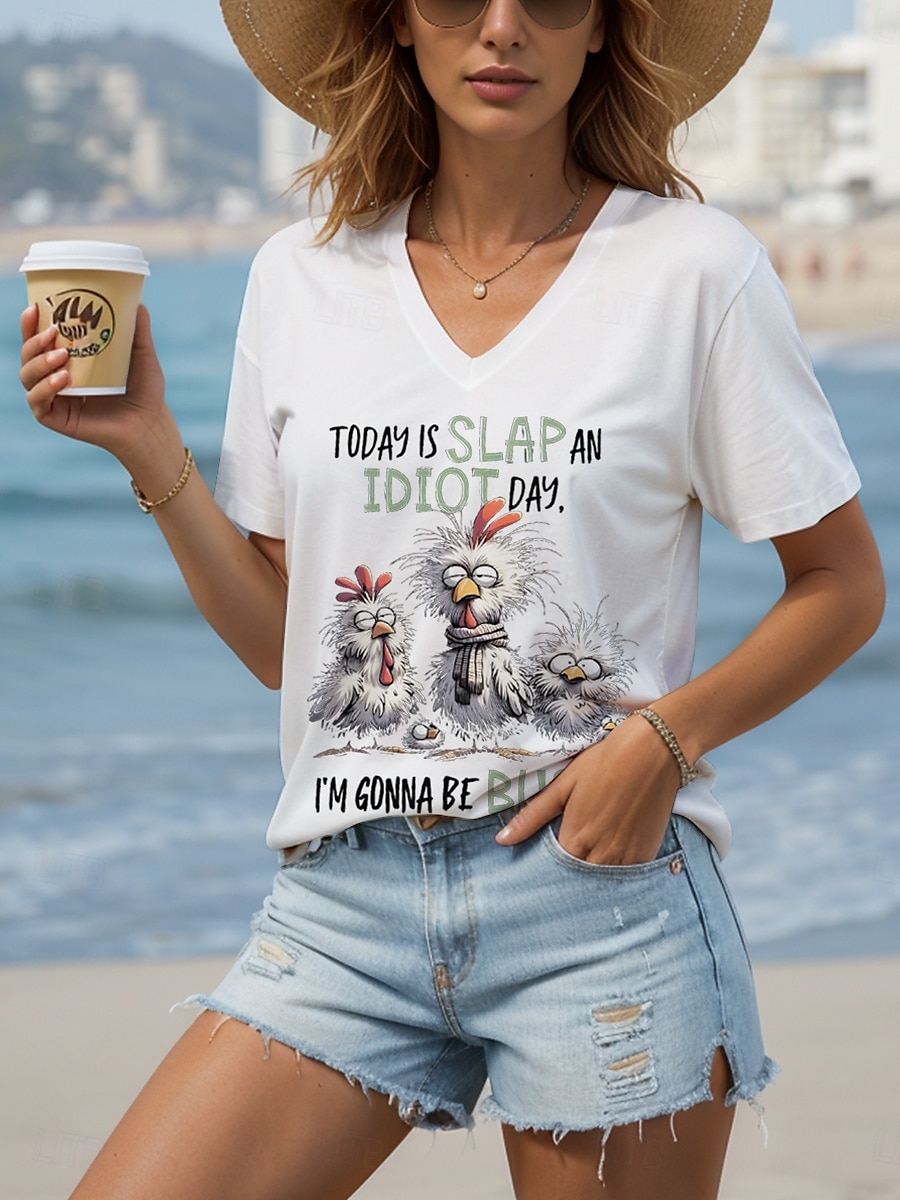 Dame Bluse Grafisk Hane Bokstaver Fritid Kortermet V-hals Vanlige topper Daglig Ut på byen Strand Klær Trykt mønster Svart Hvit Sommer Vår 2025 - $24.99 –P4
