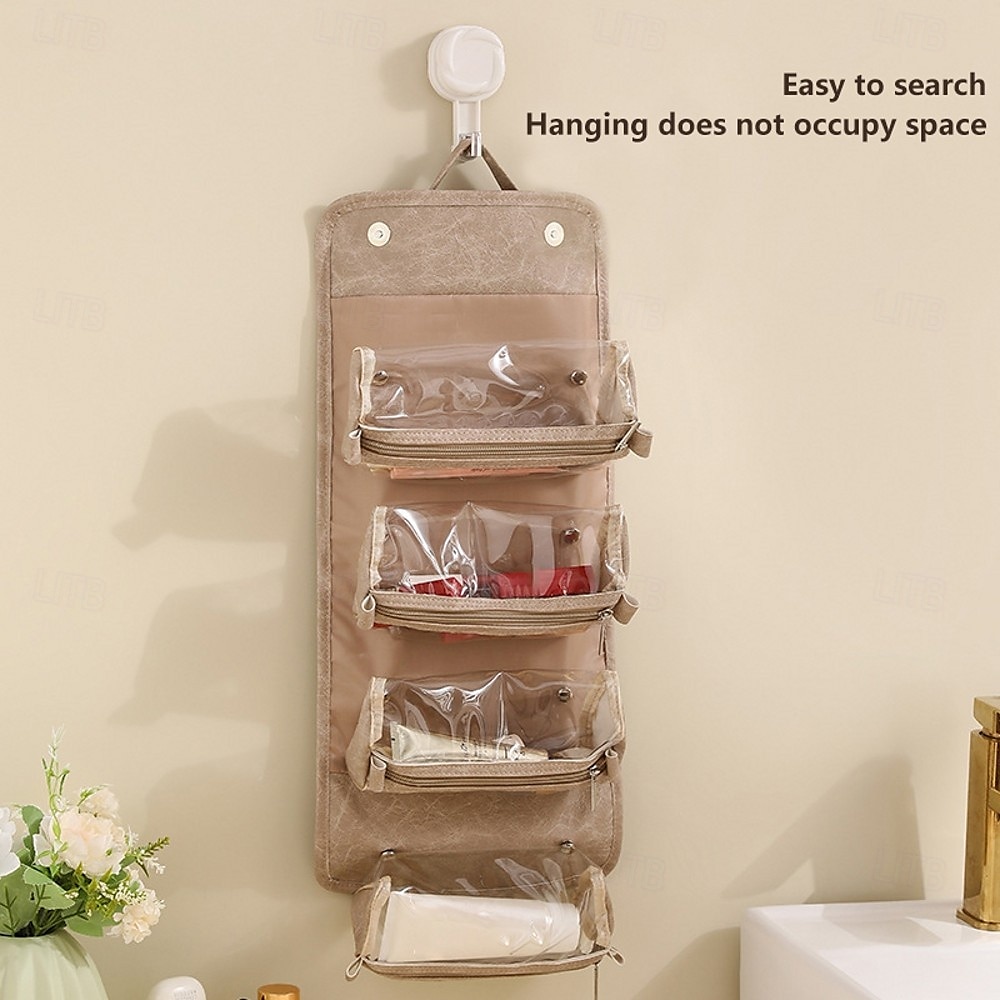 Bolsa de viaje de cuero para cosméticos, gran capacidad, portátil, para mujer, estuche de maquillaje, impermeable, organizador de maquillaje, bolsa de almacenamiento plegable 4 en 1, bolsa de aseo de 2025 - $15.49 –P5