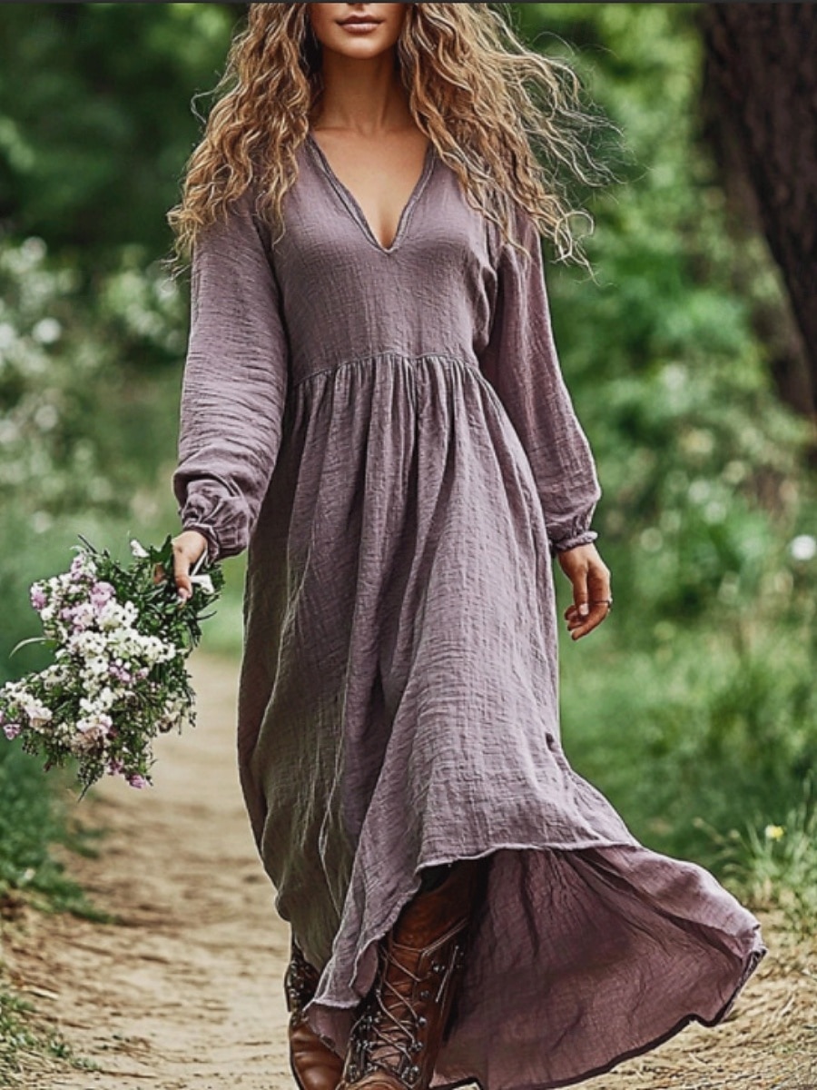 Damen Maxikleid A Linie Kleid Sommerkleid Lässig Boho Täglich Normale Passform Blumen Grafik Paisley-Muster Langarm Einkerbiger Ausschnitt Wein Blau Purpur Fuchsie Sommer 2025 - $31.99 –P4