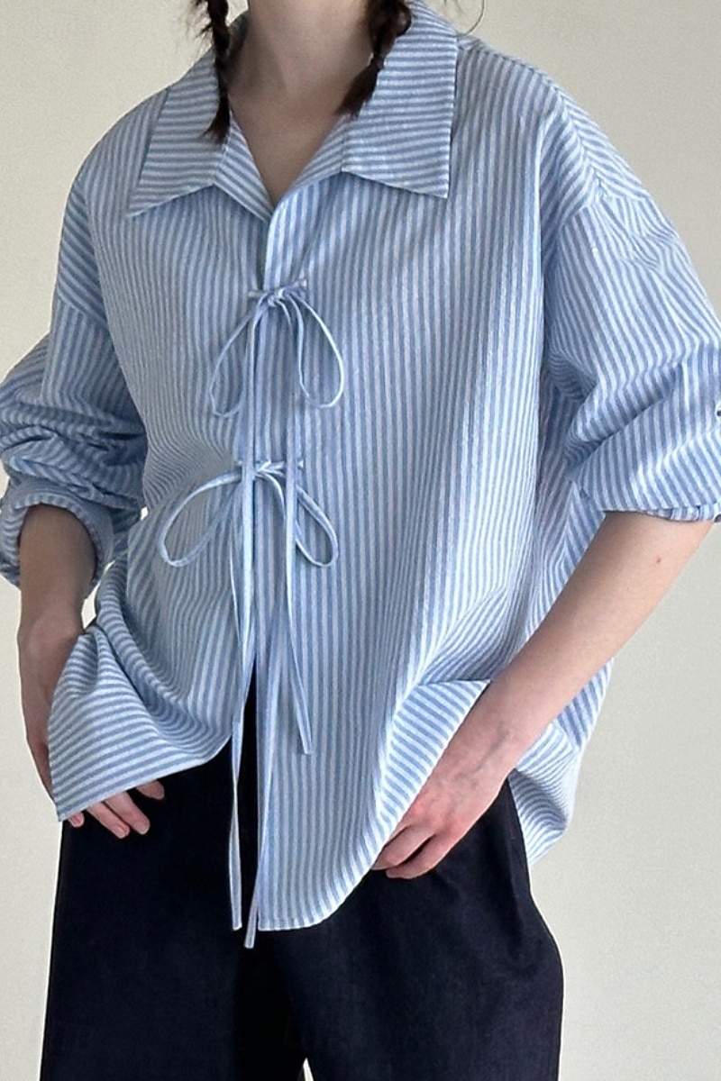 Femmes Chemise Boutonner Chemise en coton et lin Uni Rayé Élégant Moderne manche longue Col de chemise Hauts Réguliers Fête Sortir Nœud devant Blanche Bleu Bleu clair Été de 2025 ? $41.99 –P3