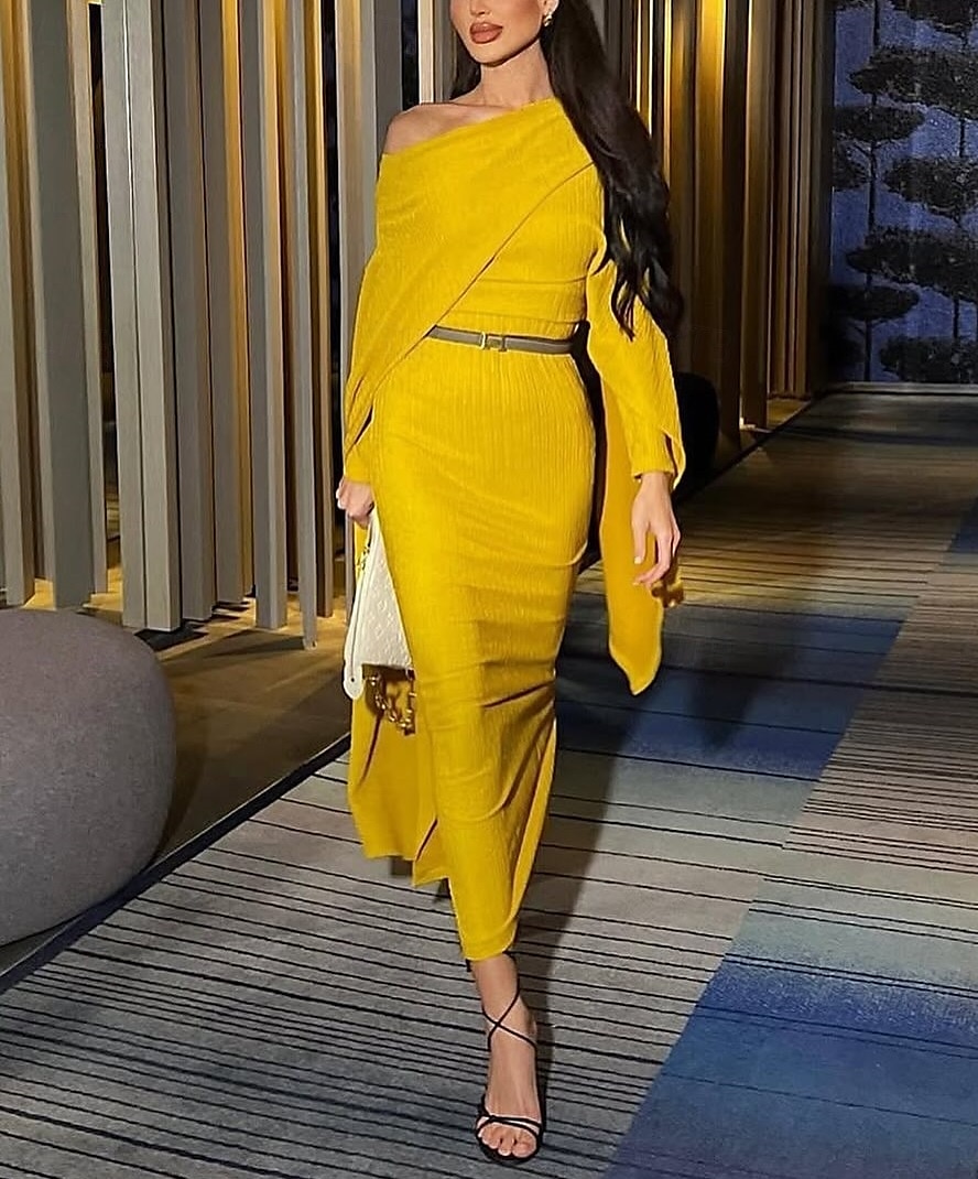 Yellow Column Evening Gown Elegant Dress Formal Wedding Floor Length Long Sleeve Boat Neck Stretch Crepe with Slit Shawl 2025 - $154.99 –P1