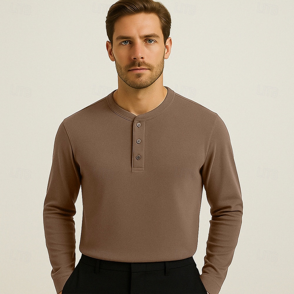 Homens Camiseta Manga Longa Cor Única Neutra Diário Casual Abotoar Henley Escola Casa Trabalho Todas as Estações Verde Escuro Cinzento Escuro Preto Camiseta Henley de 2025 por $27.99 –P6