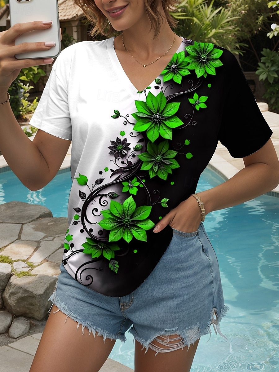 Femmes T-shirt Fleuri Graphique ancien Élégant Moderne Manche Courte Col en V Hauts Réguliers Quotidien Imprimé Jaune Rouge Bleu Violet Vert Été de 2025 ? $19.99 –P5