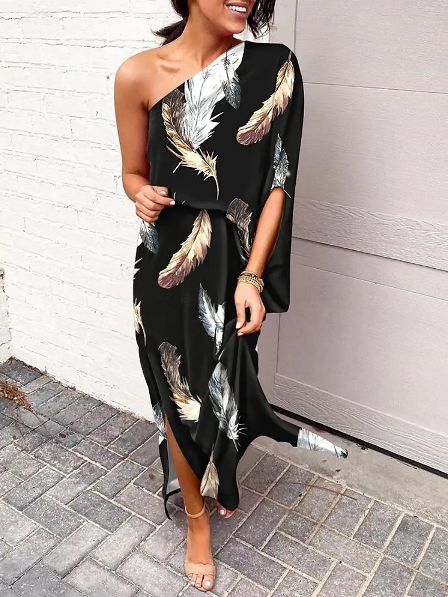 Dam Maxiklänning Off Shoulder Klänning Semester Ledigt Boho Utomhus Strand Lös passning Grafisk Löv 3/4 ärm Enaxlad Svart Vit Blå Kaki Sommar 2025 - $26.99 –P6