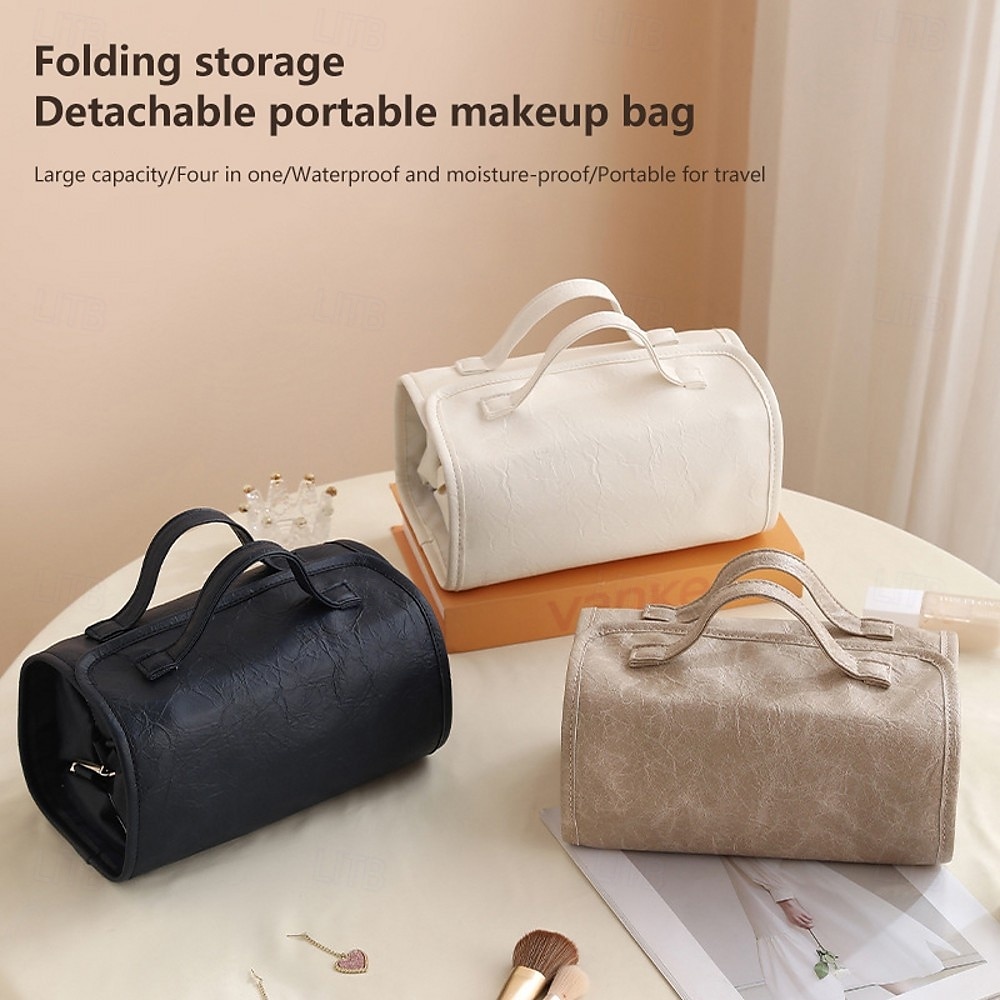 Bolsa de viaje de cuero para cosméticos, gran capacidad, portátil, para mujer, estuche de maquillaje, impermeable, organizador de maquillaje, bolsa de almacenamiento plegable 4 en 1, bolsa de aseo de 2025 - $15.49 –P1