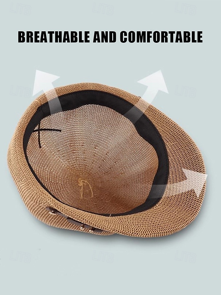 женская дышащая соломенная кепка газетчика – легкая летняя пляжная шляпа с пряжкой из искусственной кожи для повседневных путешествий и защиты от солнца 2025 - $14.99 –P6